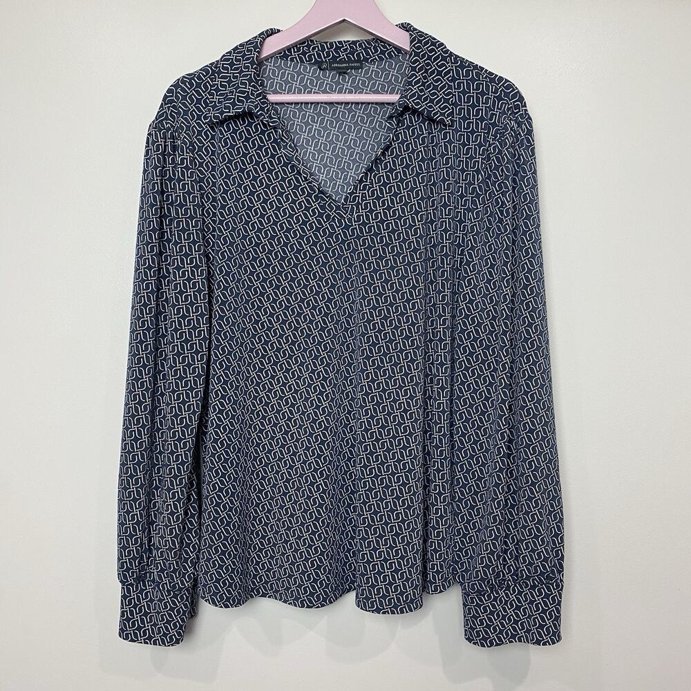 Adrianna Papell Women's Sz Large Geometric Long Sleeve V-Neck Collared Blouse
